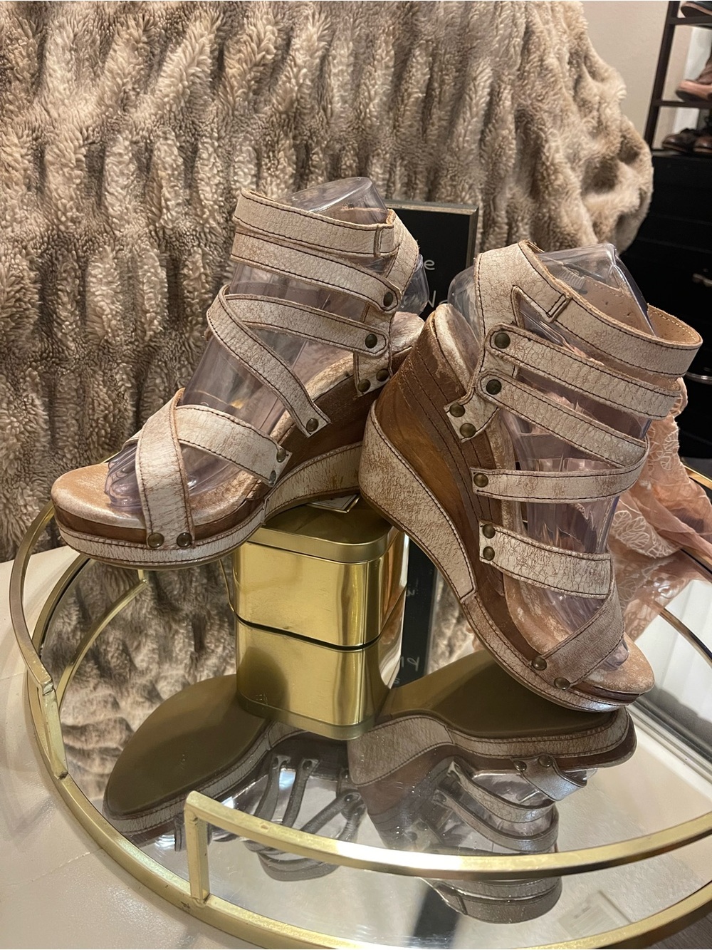 Bed Stu Juliana Leather Wedge Platform Sandal in Cafe Latte Lux